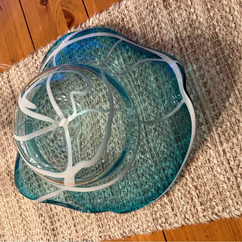 Handblown Aqua Blue Sombrero Freeform Abstract Art Glass Decorative Bowl - Picture 9 of 13